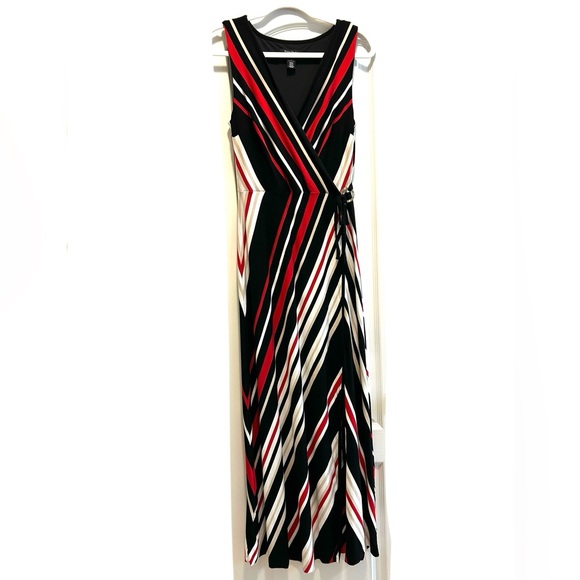 ❣️White House Black Market Black and Red Sleeveless Striped Wrap Maxi Dress - Picture 2 of 11